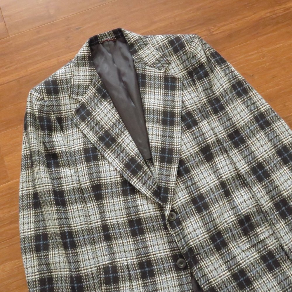 1970s Hart Schafner Marx Wool Tweed Sport Coat Blue Plaid Vintage 43 Chest